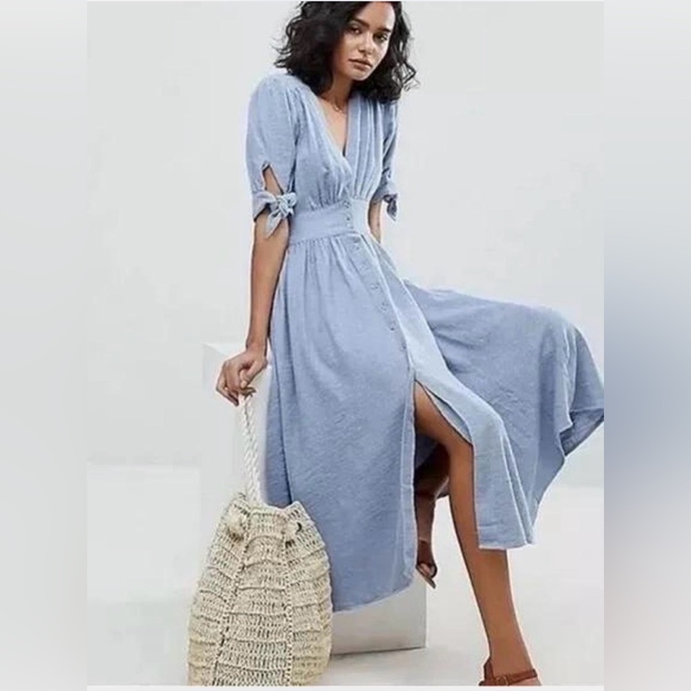Free People “Love of my life” Blue Cotton midi dress button front size small